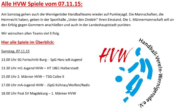 HVW Spiele vom 07.11.15 in der Übersicht